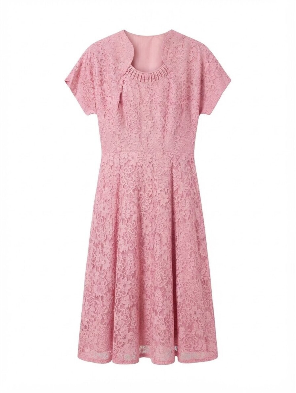 Vintage Pink Lace Midi Dress Short Sleeve Fit & Flare Party Wedding Guest L/XL